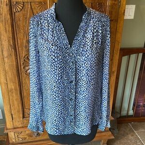 Diane Von Furstenberg Silk Blue & Black Pattern Button Down Blouse - Size 2